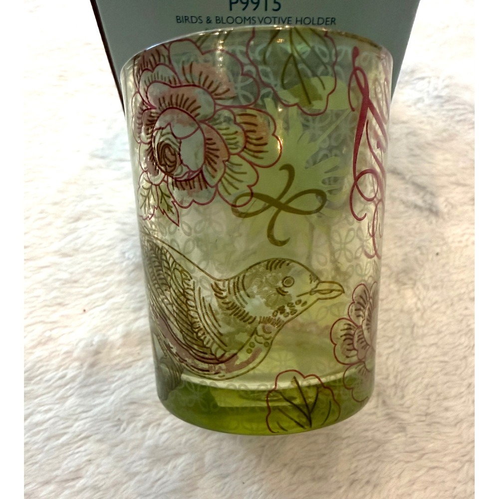 PartyLite Birds‎ & Blooms Votive Holder Green Glass Floral Bird P9915 3.5 Inch - Picture 2 of 5